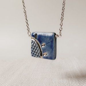 Handmade Abstract Blue Ceramic Square Bead Pendant Silver Chain Boho Necklace